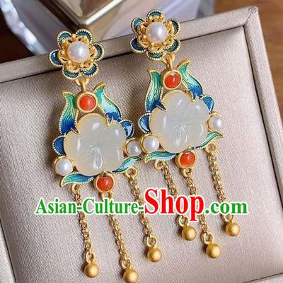 China Traditional Golden Tassel Ear Jewelry Accessories National Cheongsam Enamel Jade Plum Earrings