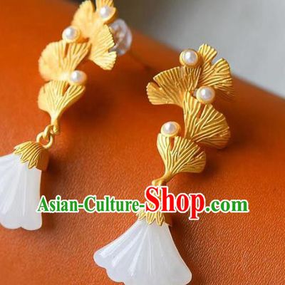 China Traditional Golden Ear Jewelry Accessories National Cheongsam Jade Ginkgo Leaf Earrings