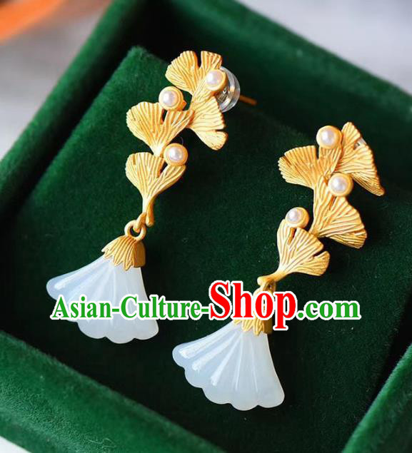 China Traditional Golden Ear Jewelry Accessories National Cheongsam Jade Ginkgo Leaf Earrings China Traditional Golden Ear Jewelry Accessories National Cheongsam Jade Ginkgo Leaf Earrings
