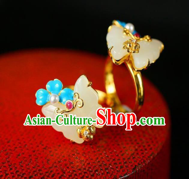 Chinese Handmade Jade Butterfly Ring Jewelry Accessories Classical Court Golden Circlet Chinese Handmade Jade Butterfly Ring Jewelry Accessories Classical Court Golden Circlet