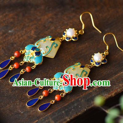 China Traditional Cloisonne Tassel Ear Jewelry Accessories National Cheongsam Pearls Earrings