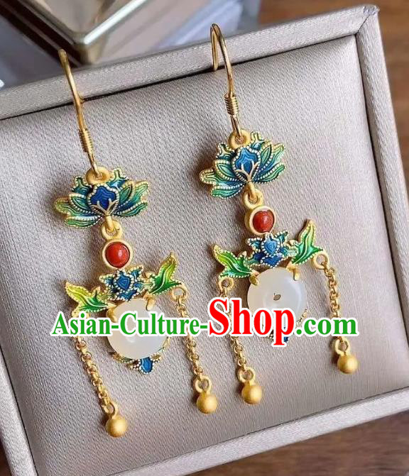 China Traditional Cloisonne Lotus Ear Jewelry Accessories National Cheongsam Jade Peace Buckle Earrings China Traditional Cloisonne Lotus Ear Jewelry Accessories National Cheongsam Jade Peace Buckle Earrings