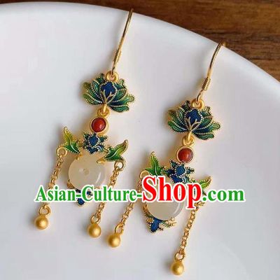 China Traditional Cloisonne Lotus Ear Jewelry Accessories National Cheongsam Jade Peace Buckle Earrings