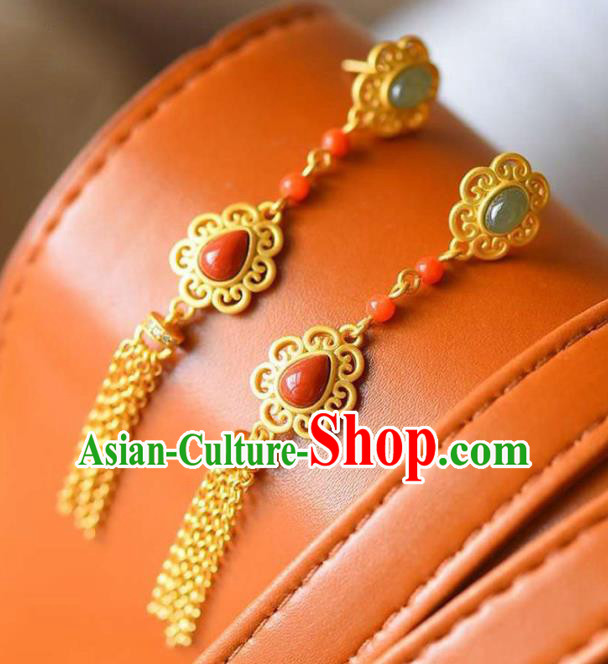 China Traditional Court Golden Tassel Ear Jewelry Accessories National Cheongsam Agate Earrings China Traditional Court Golden Tassel Ear Jewelry Accessories National Cheongsam Agate Earrings