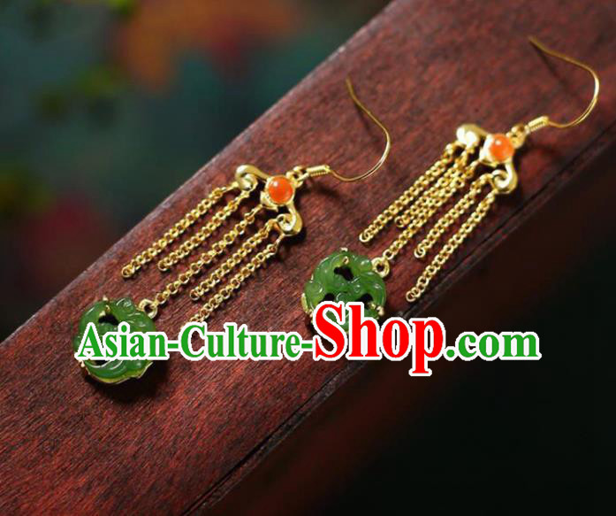 China Traditional Green Jade Ear Jewelry Accessories National Cheongsam Golden Tassel Earrings China Traditional Green Jade Ear Jewelry Accessories National Cheongsam Golden Tassel Earrings