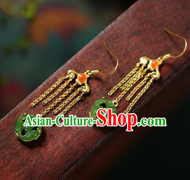 China Traditional Green Jade Ear Jewelry Accessories National Cheongsam Golden Tassel Earrings China Traditional Green Jade Ear Jewelry Accessories National Cheongsam Golden Tassel Earrings