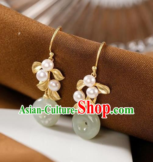 China Traditional Jade Peace Buckle Ear Jewelry Accessories National Cheongsam Golden Leaf Earrings China Traditional Jade Peace Buckle Ear Jewelry Accessories National Cheongsam Golden Leaf Earrings