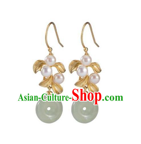 China Traditional Jade Peace Buckle Ear Jewelry Accessories National Cheongsam Golden Leaf Earrings China Traditional Jade Peace Buckle Ear Jewelry Accessories National Cheongsam Golden Leaf Earrings