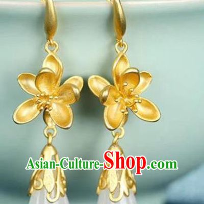 China Traditional Golden Lotus Ear Jewelry Accessories National Cheongsam Jade Mangnolia Earrings