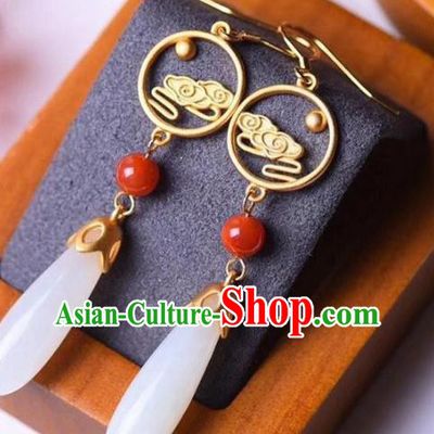 China Traditional White Jade Ear Jewelry Accessories National Cheongsam Golden Cloud Earrings