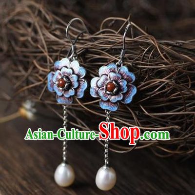 China Traditional Cloisonne Peony Ear Jewelry Accessories National Cheongsam Pearl Tassel Earrings
