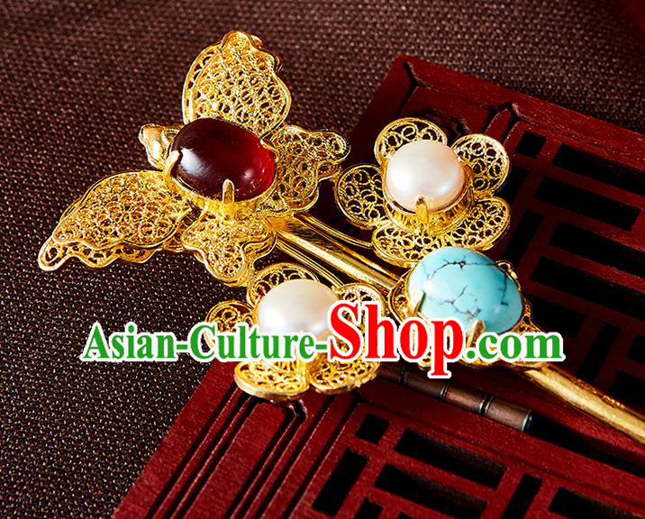 China Handmade Pearls Hair Jewelry Accessories Traditional Qing Dynasty Golden Filigree Butterfly Hairpin China Handmade Pearls Hair Jewelry Accessories Traditional Qing Dynasty Golden Filigree Butterfly Hairpin
