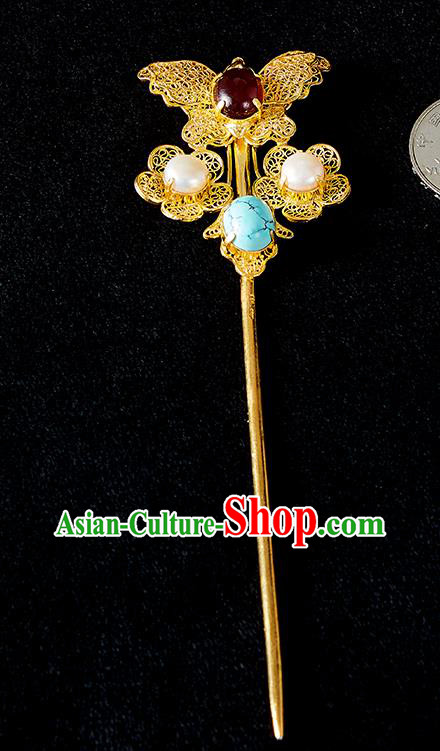 China Handmade Pearls Hair Jewelry Accessories Traditional Qing Dynasty Golden Filigree Butterfly Hairpin China Handmade Pearls Hair Jewelry Accessories Traditional Qing Dynasty Golden Filigree Butterfly Hairpin