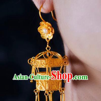 China Traditional Ming Dynasty Pearl Ear Jewelry Accessories Ancient Empress Golden Lantern Earrings