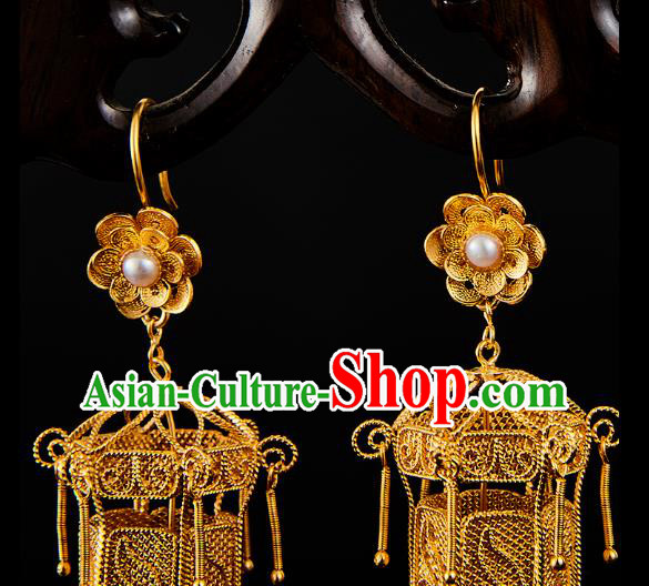 China Traditional Ming Dynasty Pearl Ear Jewelry Accessories Ancient Empress Golden Lantern Earrings