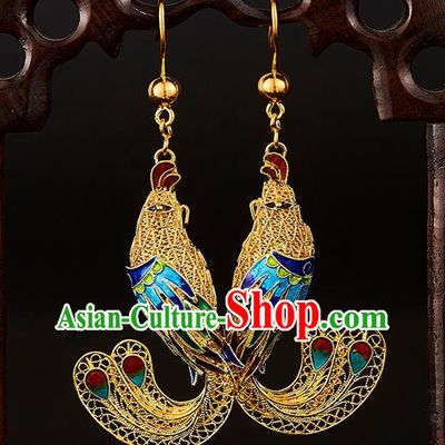 China Traditional Qing Dynasty Blueing Phoenix Ear Jewelry Accessories Ancient Empress Filigree Earrings