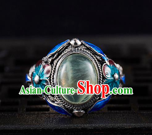 China Handmade Prehnite Ring Accessories Traditional Qing Dynasty Blueing Silver Circlet Jewelry China Handmade Prehnite Ring Accessories Traditional Qing Dynasty Blueing Silver Circlet Jewelry