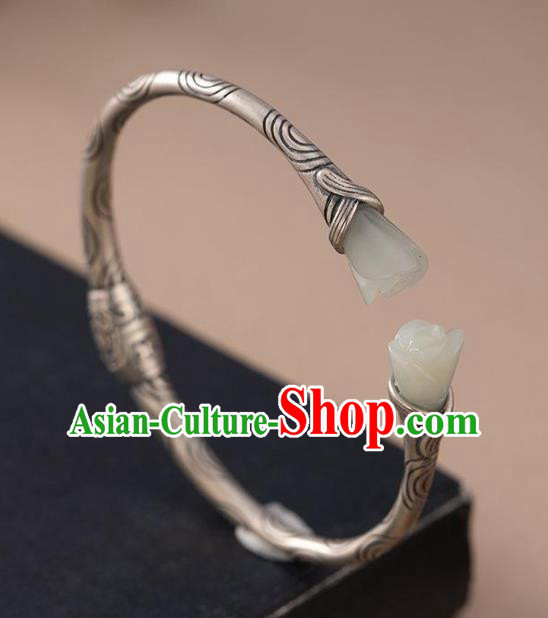 China Handmade Jade Mangnolia Bracelet Accessories Traditional Silver Bangle Jewelry China Handmade Jade Mangnolia Bracelet Accessories Traditional Silver Bangle Jewelry