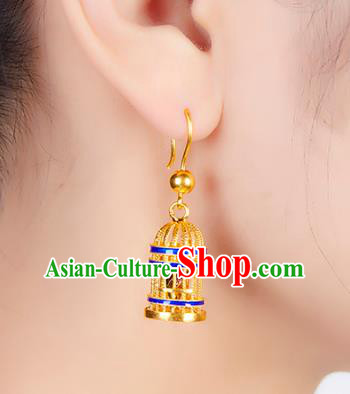 China Traditional Blueing Ear Jewelry Accessories Ancient Empress Golden Birdcage Earrings China Traditional Blueing Ear Jewelry Accessories Ancient Empress Golden Birdcage Earrings