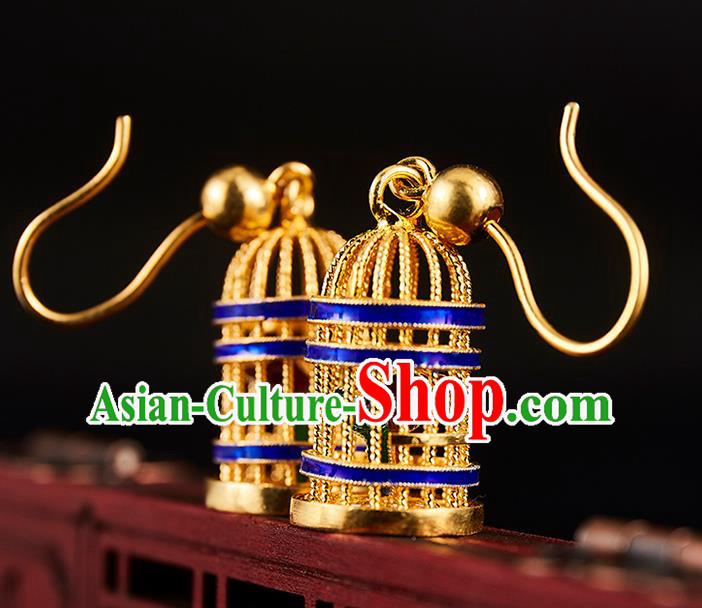 China Traditional Blueing Ear Jewelry Accessories Ancient Empress Golden Birdcage Earrings China Traditional Blueing Ear Jewelry Accessories Ancient Empress Golden Birdcage Earrings