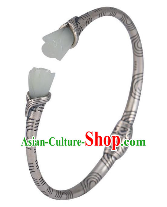 China Handmade Jade Mangnolia Bracelet Accessories Traditional Silver Bangle Jewelry China Handmade Jade Mangnolia Bracelet Accessories Traditional Silver Bangle Jewelry