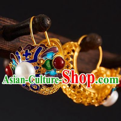 China Traditional Qing Dynasty Blueing Pearls Ear Jewelry Accessories Ancient Empress Golden Earrings