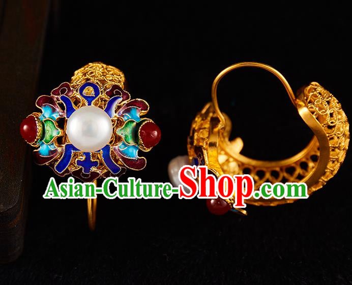 China Traditional Qing Dynasty Blueing Pearls Ear Jewelry Accessories Ancient Empress Golden Earrings