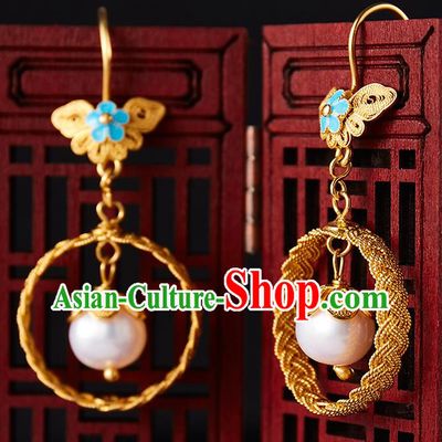 China Traditional Qing Dynasty Golden Ear Jewelry Accessories Ancient Empress Pearl Earrings