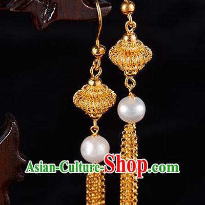 China Traditional Golden Lantern Tassel Ear Jewelry Accessories Ancient Qing Dynasty Empress Pearl Earrings