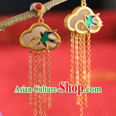 China Traditional Blueing Swallow Ear Jewelry Accessories Classical Cheongsam Golden Tassel Jade Earrings