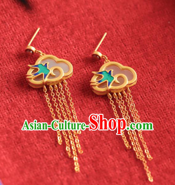 China Traditional Blueing Swallow Ear Jewelry Accessories Classical Cheongsam Golden Tassel Jade Earrings China Traditional Blueing Swallow Ear Jewelry Accessories Classical Cheongsam Golden Tassel Jade Earrings