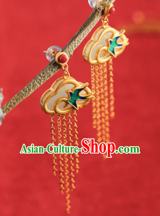 China Traditional Blueing Swallow Ear Jewelry Accessories Classical Cheongsam Golden Tassel Jade Earrings China Traditional Blueing Swallow Ear Jewelry Accessories Classical Cheongsam Golden Tassel Jade Earrings