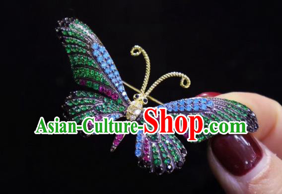 China Handmade Green Crystal Butterfly Brooch Accessories Traditional Cheongsam Breastpin Jewelry