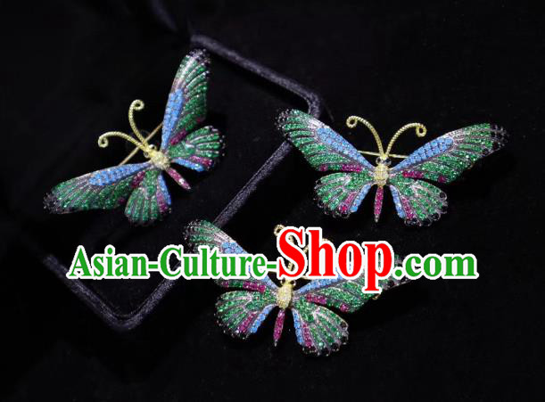 China Handmade Green Crystal Butterfly Brooch Accessories Traditional Cheongsam Breastpin Jewelry