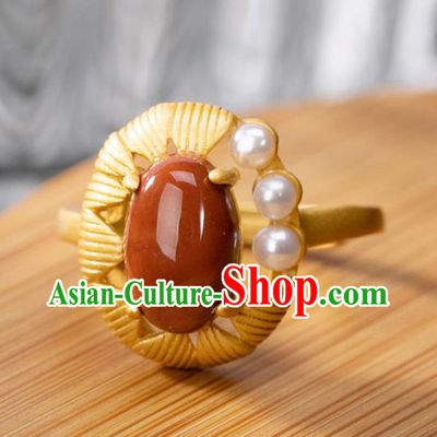 Chinese Classical Pearls Golden Circlet Handmade Jewelry Accessories National Enamel Red Ring
