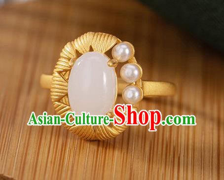 Chinese Classical White Chalcedony Circlet Handmade Jewelry Accessories National Pearls Golden Ring Chinese Classical White Chalcedony Circlet Handmade Jewelry Accessories National Pearls Golden Ring