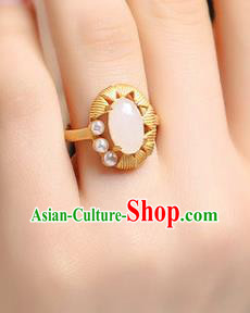 Chinese Classical White Chalcedony Circlet Handmade Jewelry Accessories National Pearls Golden Ring Chinese Classical White Chalcedony Circlet Handmade Jewelry Accessories National Pearls Golden Ring