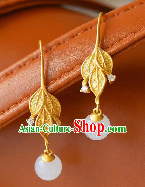 China Traditional Golden Leaf Ear Jewelry Accessories National Cheongsam Jade Bead Earrings China Traditional Golden Leaf Ear Jewelry Accessories National Cheongsam Jade Bead Earrings
