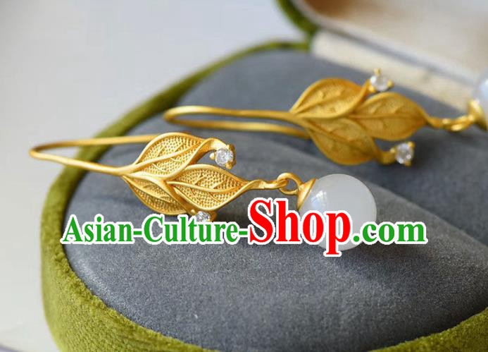 China Traditional Golden Leaf Ear Jewelry Accessories National Cheongsam Jade Bead Earrings China Traditional Golden Leaf Ear Jewelry Accessories National Cheongsam Jade Bead Earrings