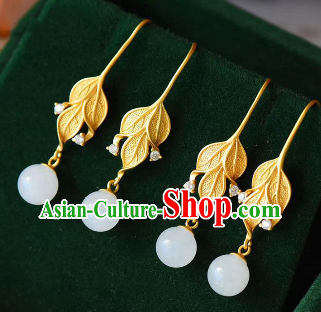 China Traditional Golden Leaf Ear Jewelry Accessories National Cheongsam Jade Bead Earrings China Traditional Golden Leaf Ear Jewelry Accessories National Cheongsam Jade Bead Earrings