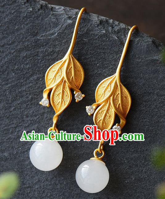 China Traditional Golden Leaf Ear Jewelry Accessories National Cheongsam Jade Bead Earrings China Traditional Golden Leaf Ear Jewelry Accessories National Cheongsam Jade Bead Earrings
