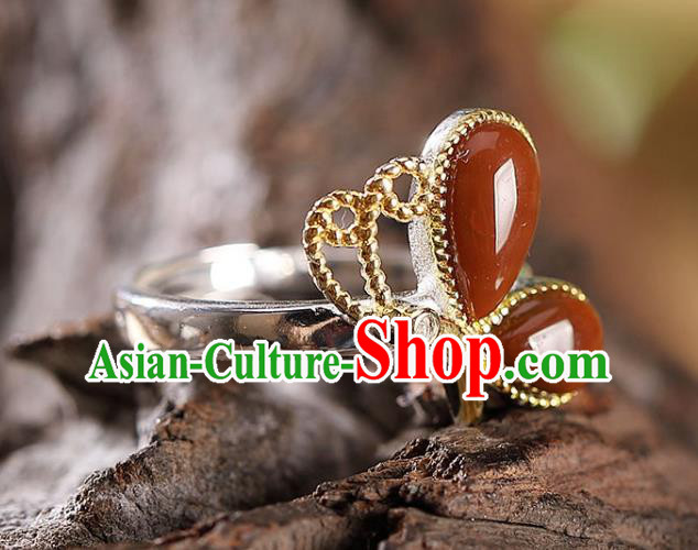 Chinese National Silver Butterfly Ring Handmade Jewelry Accessories Classical Agate Circlet Chinese National Silver Butterfly Ring Handmade Jewelry Accessories Classical Agate Circlet