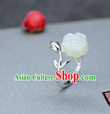 Chinese National White Jade Rose Ring Classical Silver Circlet Handmade Jewelry Accessories