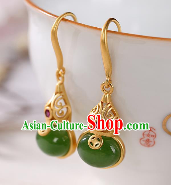 China Traditional Green Jade Ear Jewelry Accessories National Cheongsam Golden Gourd Earrings