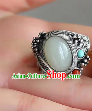 Chinese National Silver Ring Handmade Jewelry Accessories Classical White Chalcedony Circlet Chinese National Silver Ring Handmade Jewelry Accessories Classical White Chalcedony Circlet