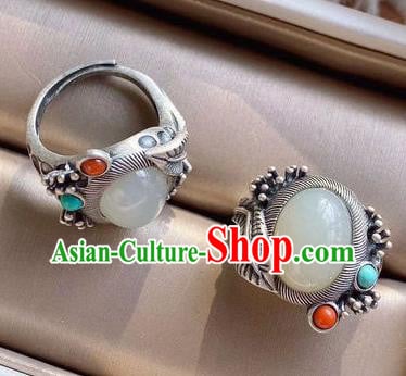 Chinese National Silver Ring Handmade Jewelry Accessories Classical White Chalcedony Circlet Chinese National Silver Ring Handmade Jewelry Accessories Classical White Chalcedony Circlet