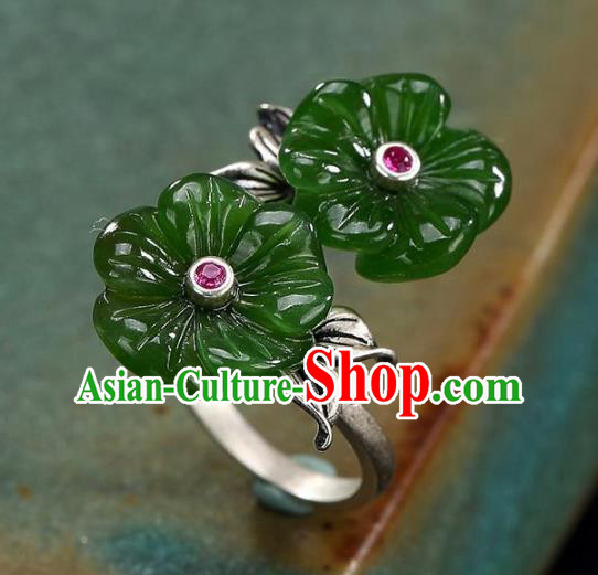 Chinese National Silver Carving Ring Handmade Jewelry Accessories Classical Green Jade Plum Circlet Chinese National Silver Carving Ring Handmade Jewelry Accessories Classical Green Jade Plum Circlet