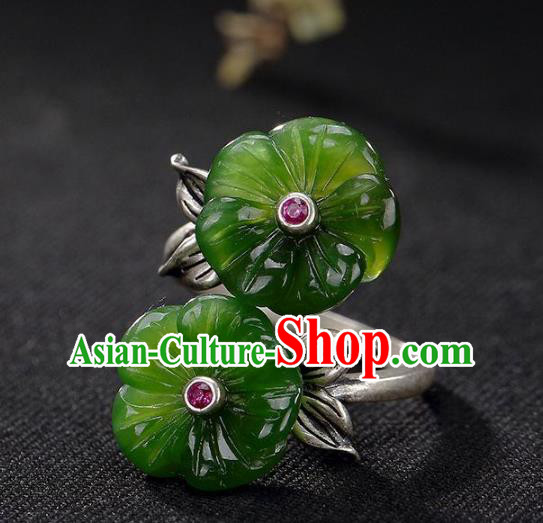 Chinese National Silver Carving Ring Handmade Jewelry Accessories Classical Green Jade Plum Circlet Chinese National Silver Carving Ring Handmade Jewelry Accessories Classical Green Jade Plum Circlet