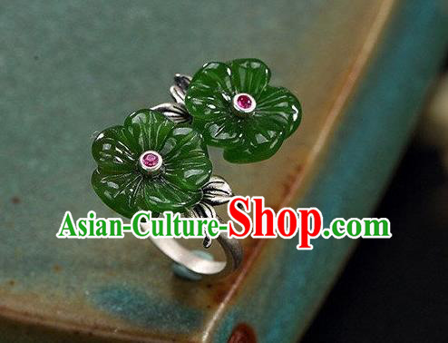 Chinese National Silver Carving Ring Handmade Jewelry Accessories Classical Green Jade Plum Circlet Chinese National Silver Carving Ring Handmade Jewelry Accessories Classical Green Jade Plum Circlet
