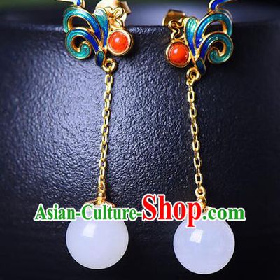 China Traditional Qing Dynasty Cloisonne Ear Jewelry Accessories National Cheongsam Jade Bead Earrings